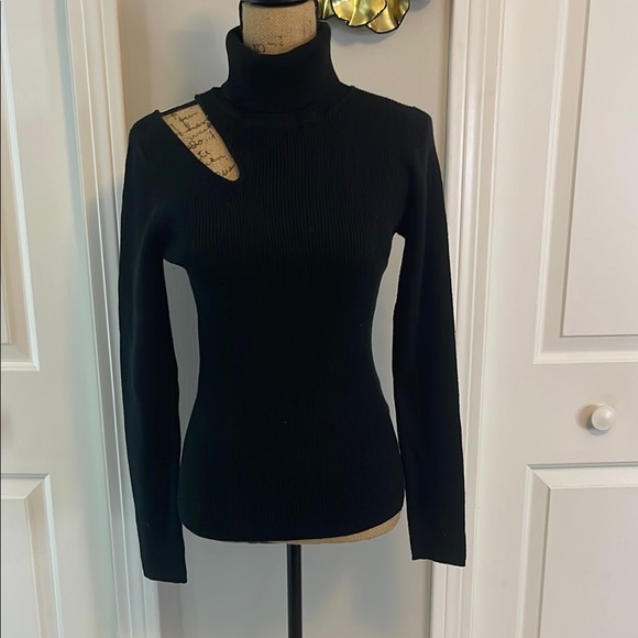 Stella + Lorenzo Sweaters - Stella + Lorenzo Black Cowl Turtleneck Sweater with Cutout Detail